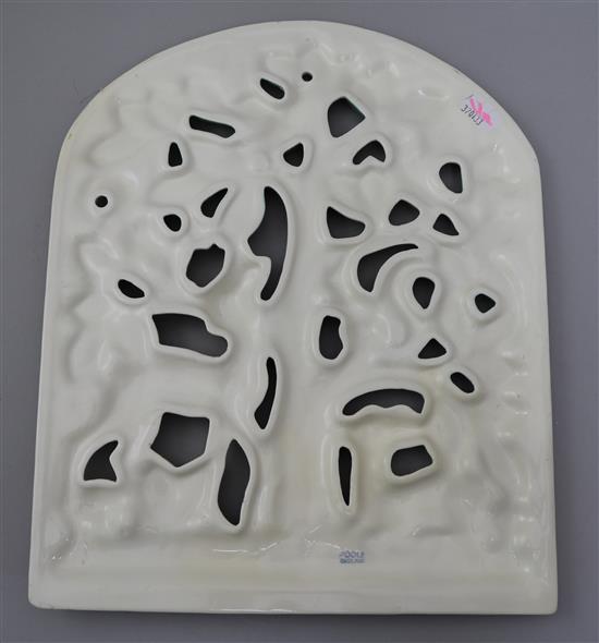 A Poole Pottery Picotee pierced wall plaque designed by Lily ,Markus, slip-cast with a tree with deer, squirrels and birds.